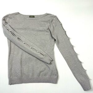 Grey Greige Sweater with Pearl Detail Cut Out Statement Sleeves and Heart Detail
